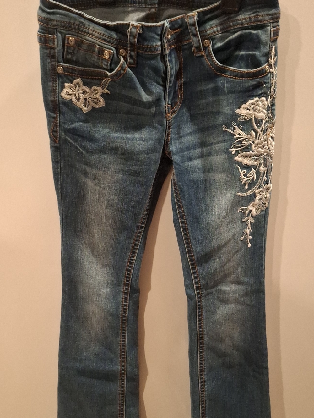 Grace Blue Boot Cut Jeans with White Floral Embroidery (Girls)